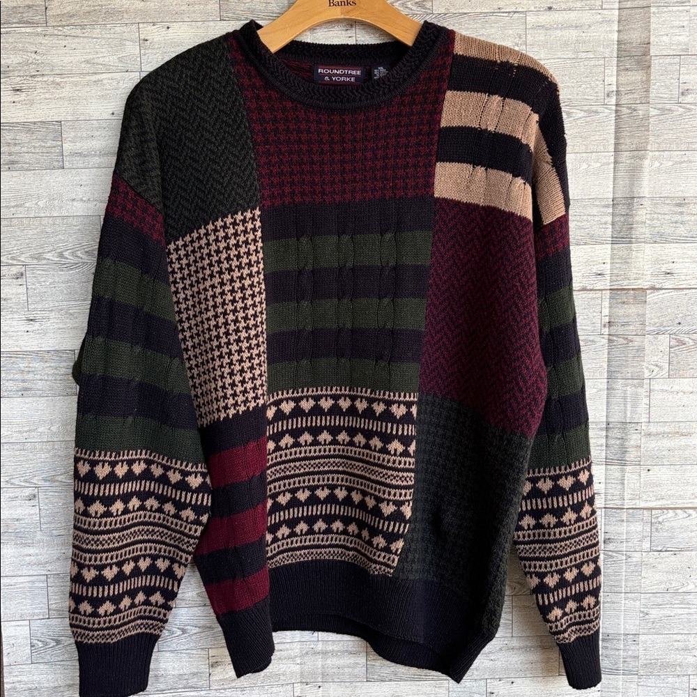 Cableknit Sweater Fall Holiday Striped Grandpacore crewneck Mens XXL vintage